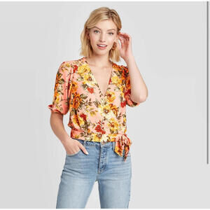 Boho Floral Wrap Tie Blouse with Puff Sleeves